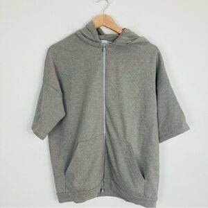 Brunello Cucinelli gray hooded cotton and silk zip front short sleeve hoodie.XS